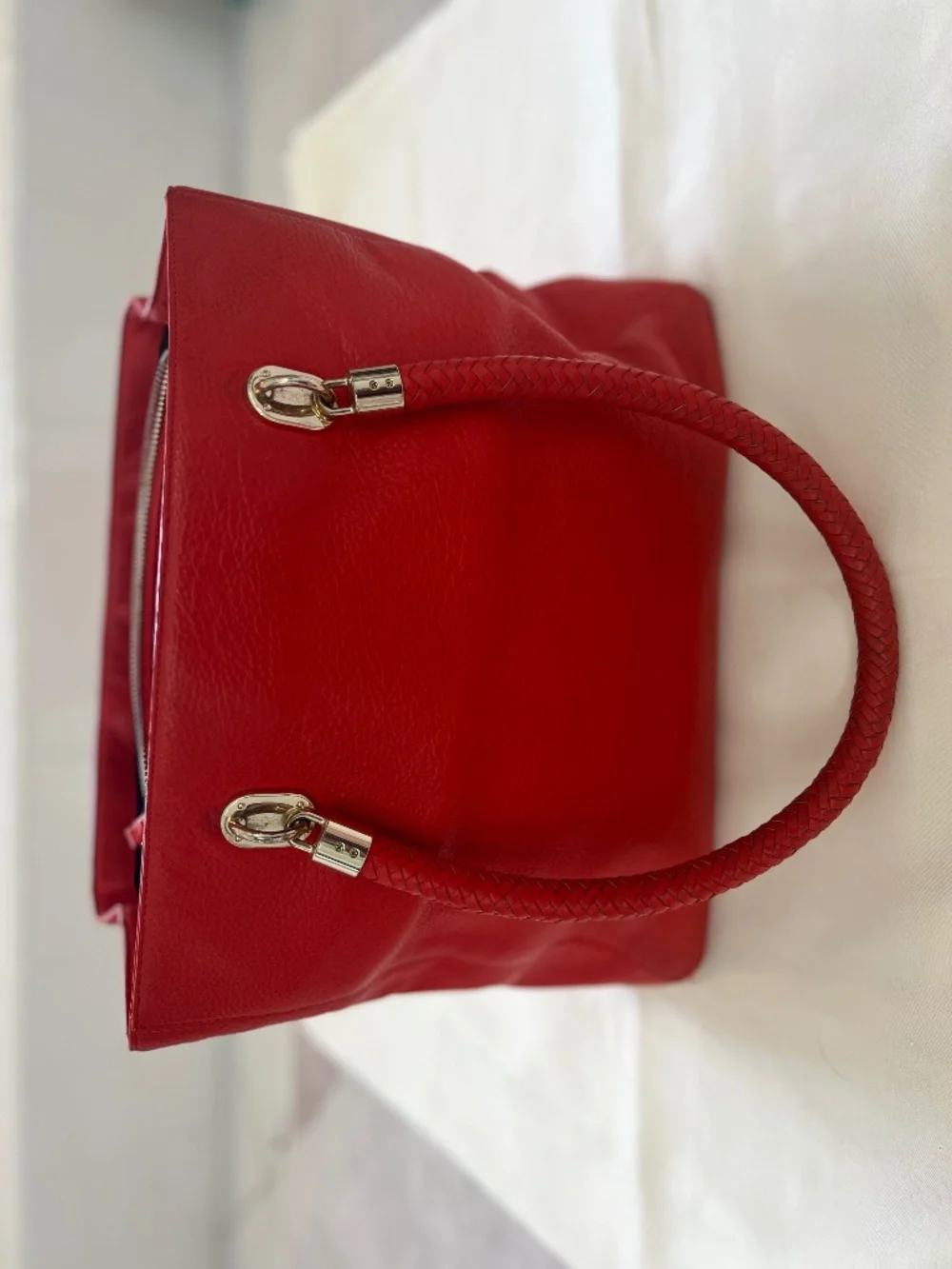 Cole Haan Red Pebbled Leather Tote Bag Gold Hardware Braided Handles - Picture 7 of 8